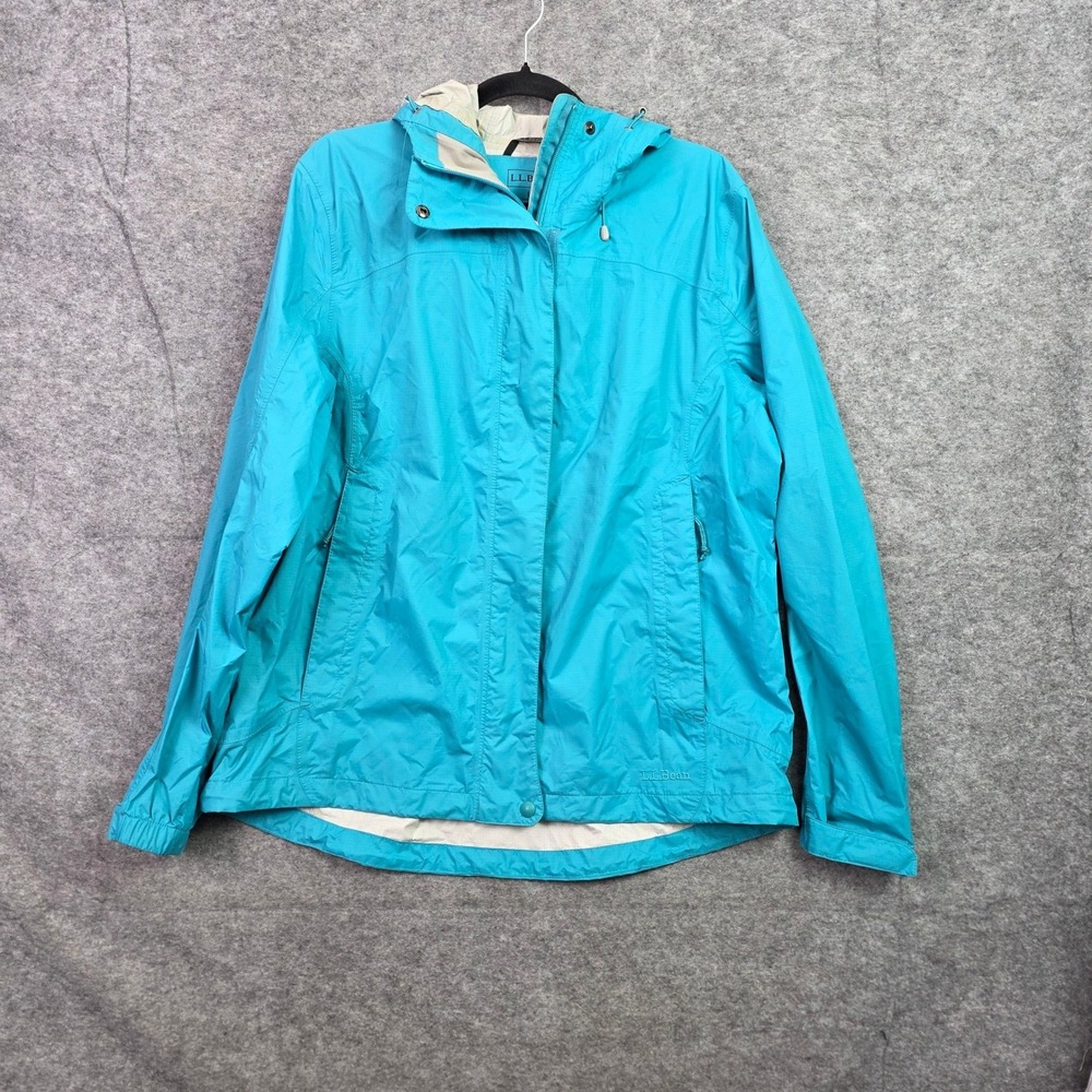 LL Bean Womens L Trail Model Rain Jacket Turquoise Blue Hooded Waterproof Shell